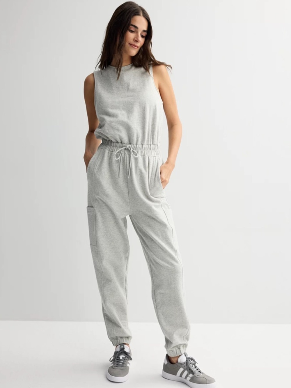 FLX Light Gray Sleeveless Drawstring Jumpsuit Women’s Athleisure Sporty Sz XS